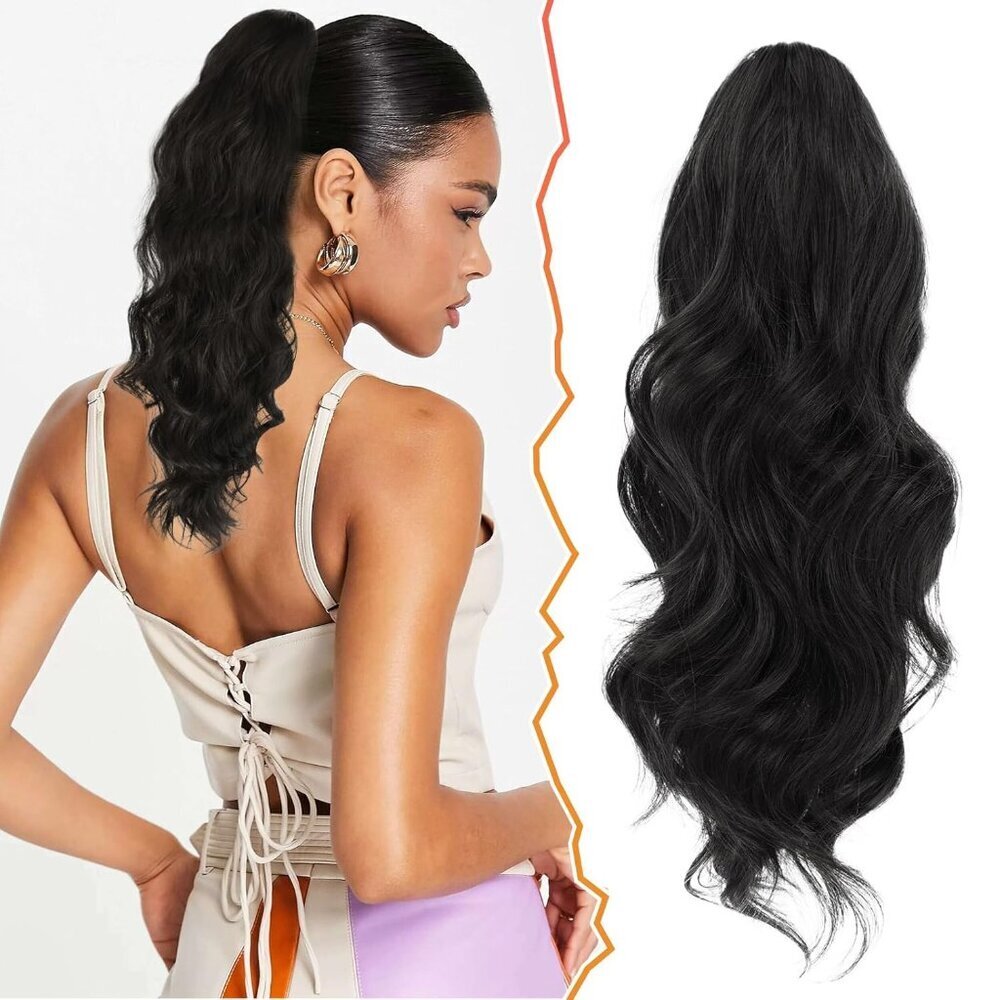 Drawstring Ponytail Extension 16 Inch Synthetic Black Wavy Hair for Women
